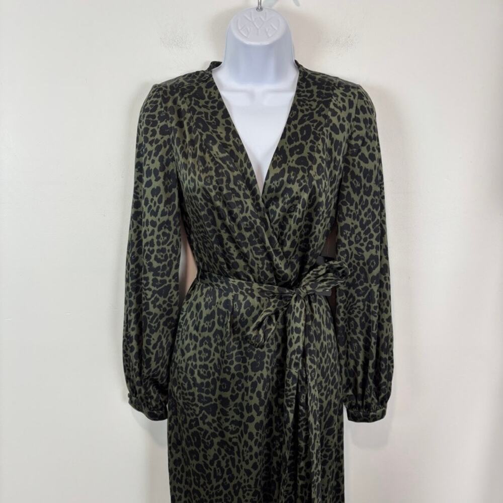 Express Silky Wrap Dress Ruffled Midi Green Leopard S- Old Money - Picture 4 of 9